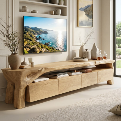 Wooden TV stand with a scenic ocean view on the wall in a living room.