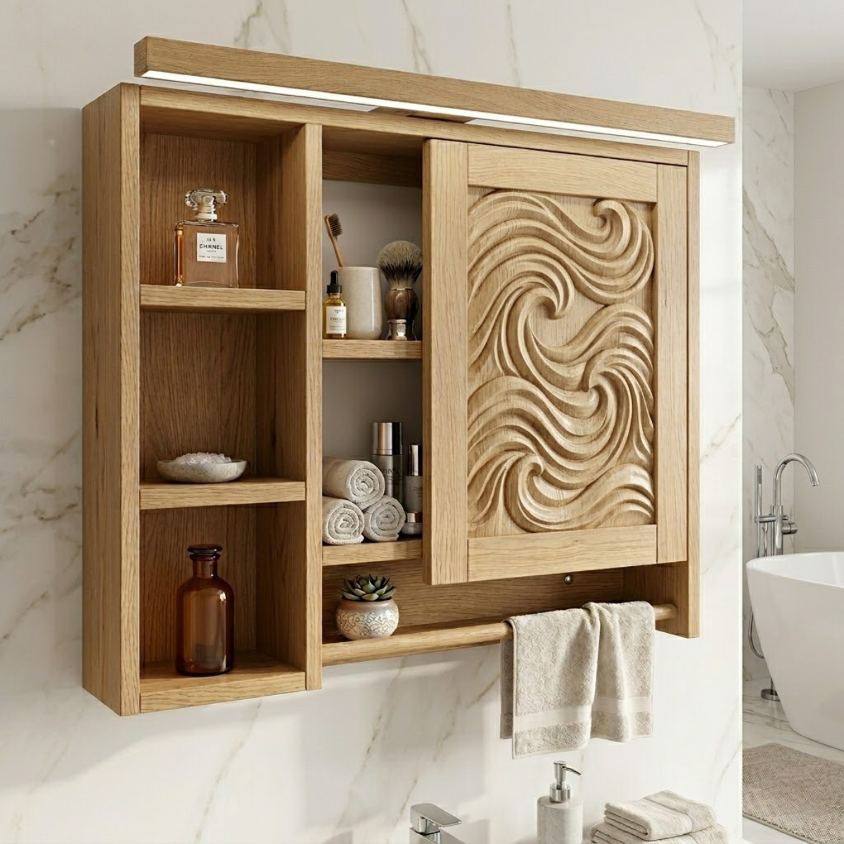 Modern Floating Bathroom Cabinet, Carved Wall-Mounted Vanity Storage Organizer Shelf