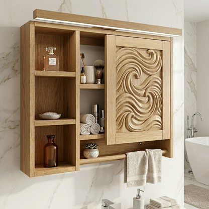 Modern Floating Bathroom Cabinet, Carved Wall-Mounted Vanity Storage Organizer Shelf
