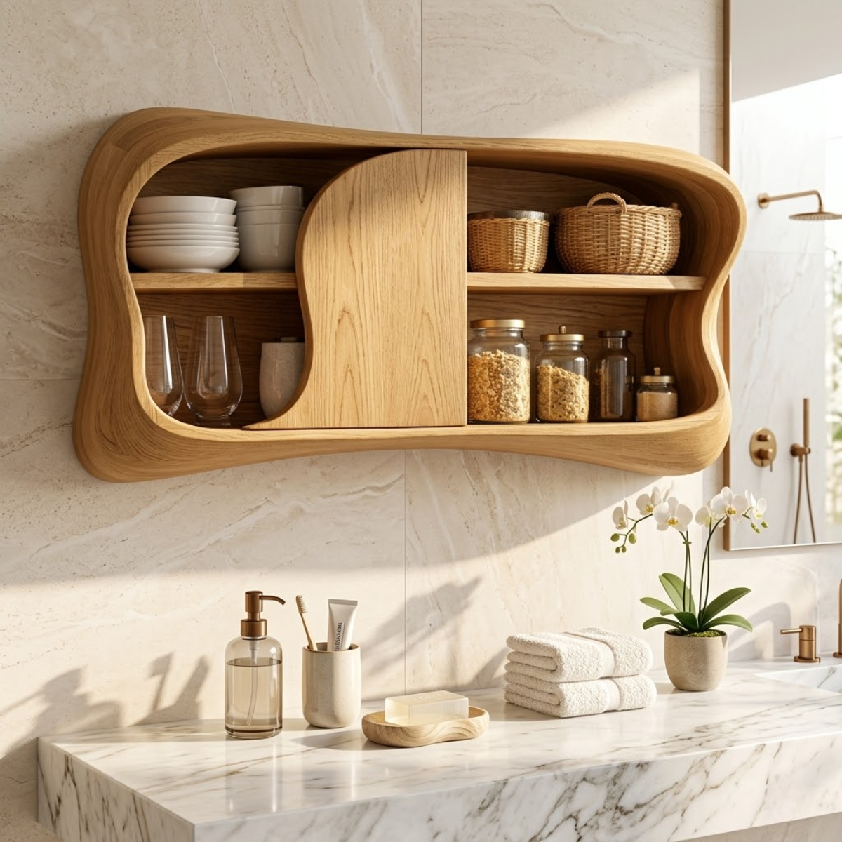 Floating Bathroom Cabinet, Modern Organic Wall Mounted Vanity Storage Organizer Unit