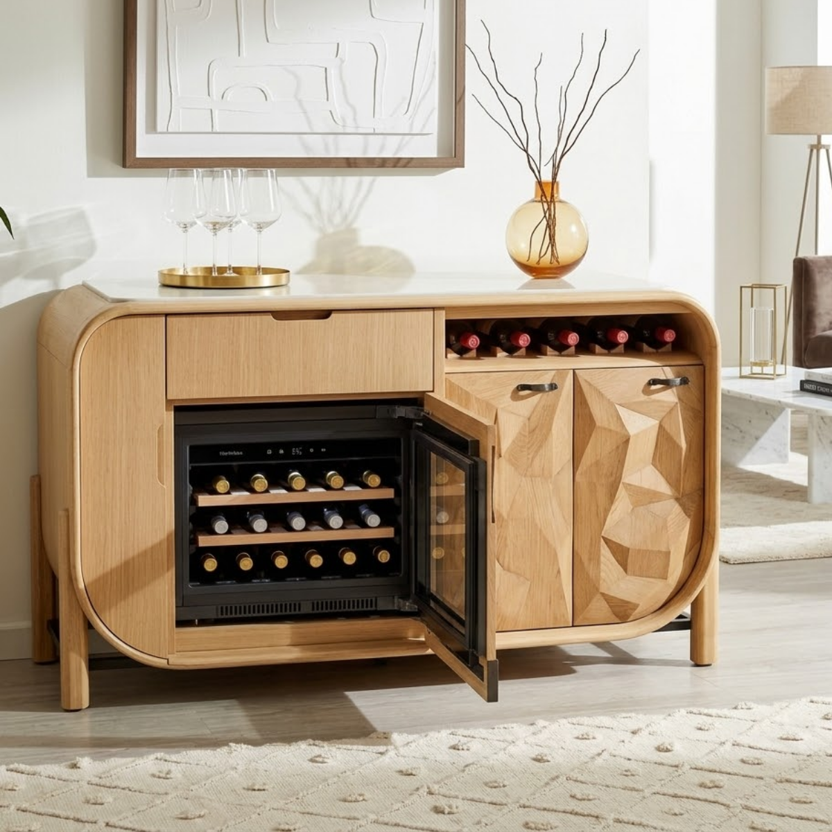Modern Wooden Wine Bar Cabinet, Rounded Sideboard with Integrated Cooler Storage
