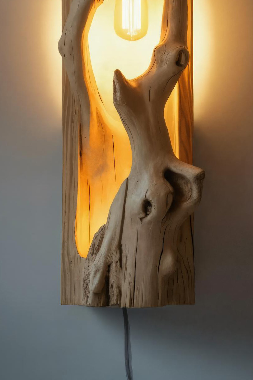 Minimalist Driftwood Wall Sconce With Ambient Glow For Rustic Decor Kitchnce