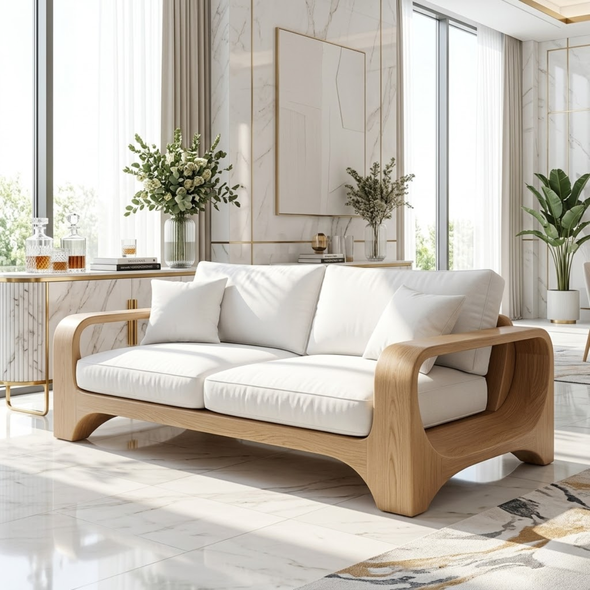 Modern Minimalist Solid Wood Sofa with White Fabric Cushions Zen Style Living Couch