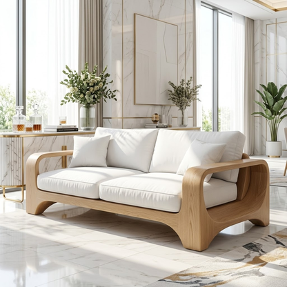 Modern Minimalist Solid Wood Sofa with White Fabric Cushions Zen Style Living Couch