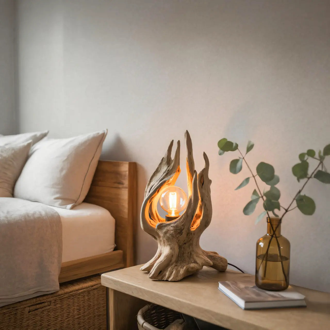 Rustic Driftwood Table Lamp With Exposed Bulb For Bedroom Or Living Room Kitchnce