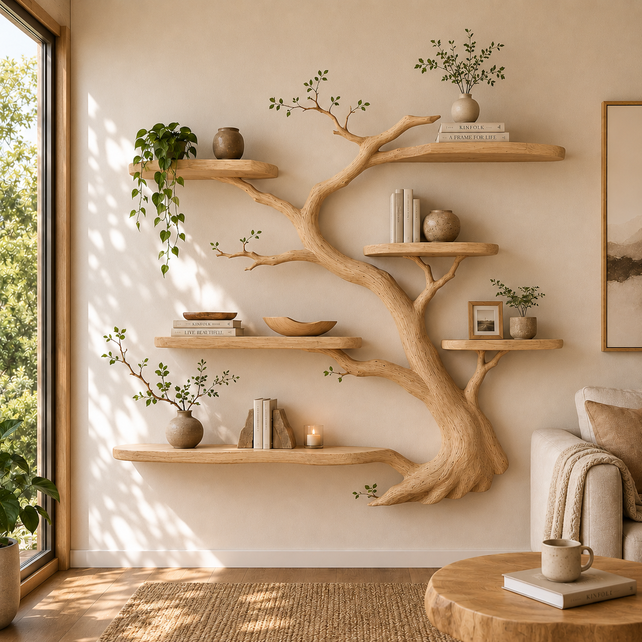 Organic Solid Wood Tree Bookshelf Floating Wall Shelf Handmade Rustic Home Decor