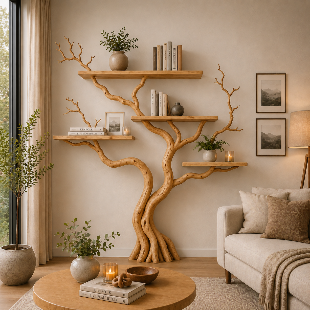 Handcrafted Solid Wood Tree Bookshelf for Modern Living Room Decor