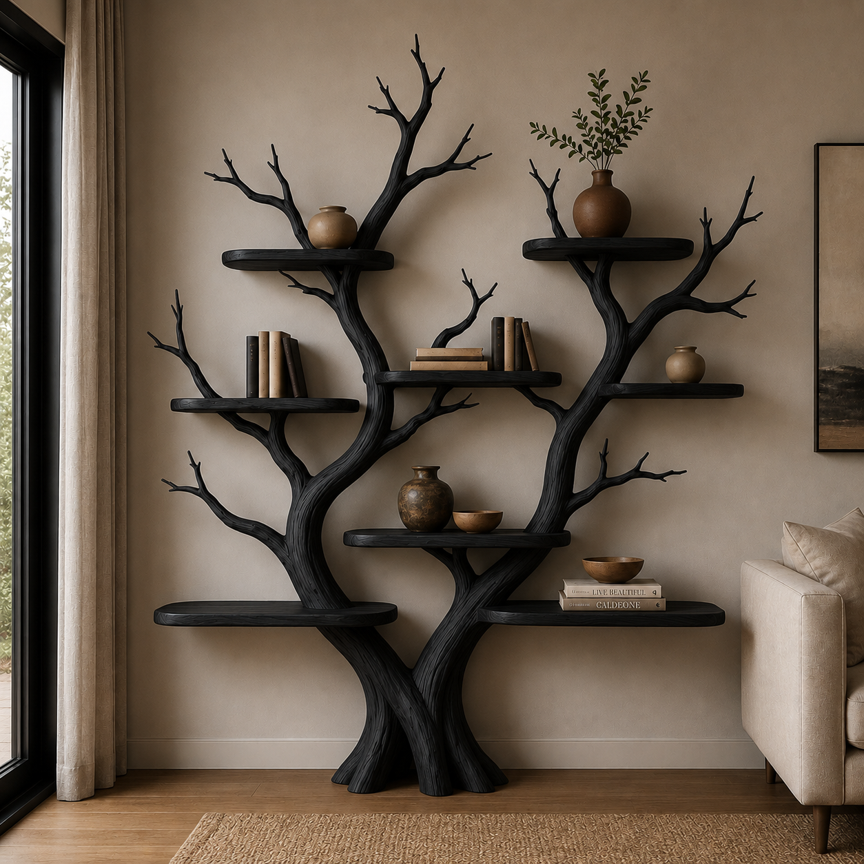 Handcrafted Solid Wood Tree Bookshelf, Organic Freestanding Bookcase & Display Shelf