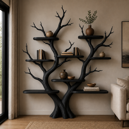 Handcrafted Solid Wood Tree Bookshelf, Organic Freestanding Bookcase & Display Shelf