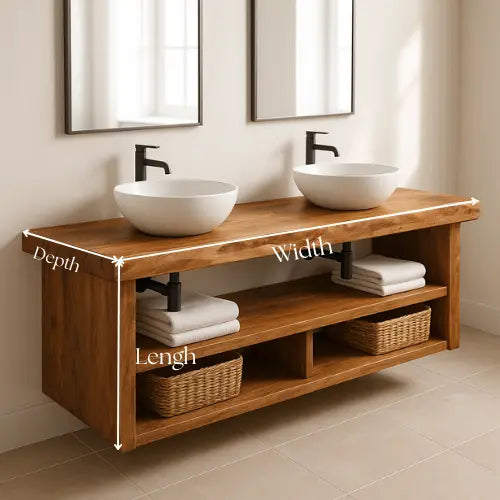 Floating Double Sink Bathroom Vanity – Solid Wood Live Edge Countertop with Open Shelves – Rustic Modern Wall-Mounted Vanity Design Kitchnce