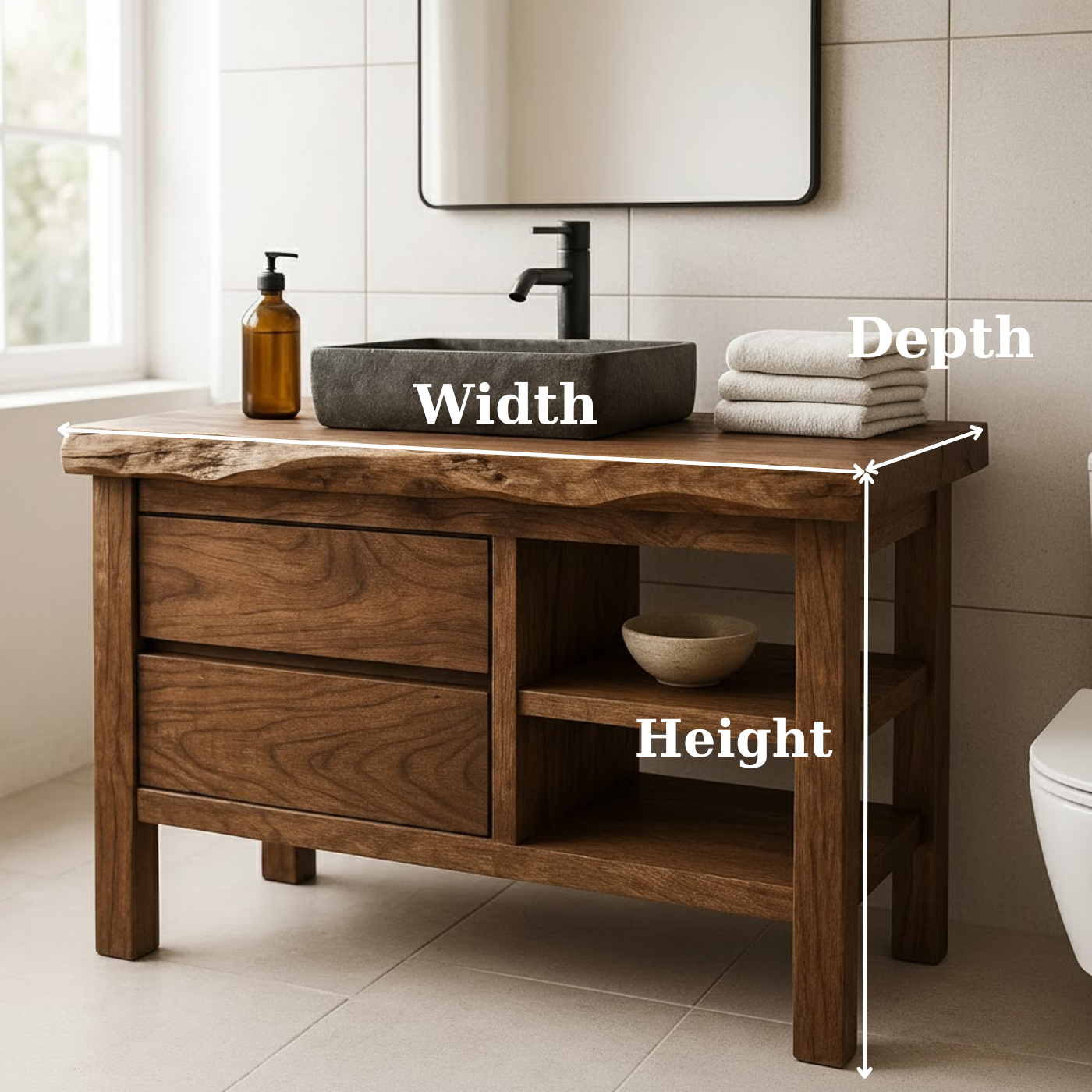 Handcrafted Solid Wood Bathroom Vanity with Live Edge Top and Open Shelf Kitchnce