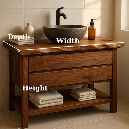 Handcrafted Solid Wood Bathroom Vanity - Live Edge Dark Wood Cabinet & Open Shelf Kitchnce