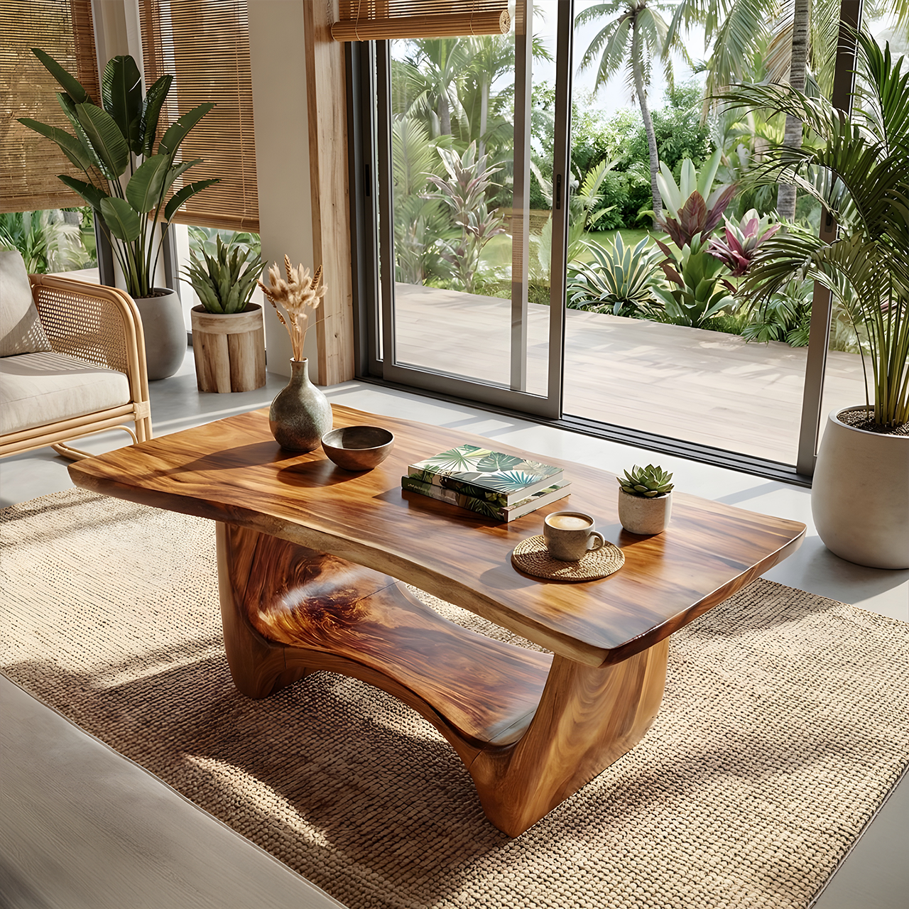 Sculptural Solid Wood Coffee Table with Flow Carved Base