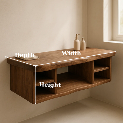 Handcrafted Solid Wood Floating Vanity - All Open Live Edge Console with Display Shelves Kitchnce