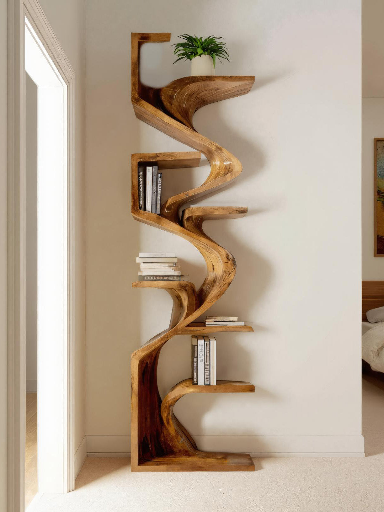 Handcrafted Sculpted Bookshelf For Living Room Kitchnce