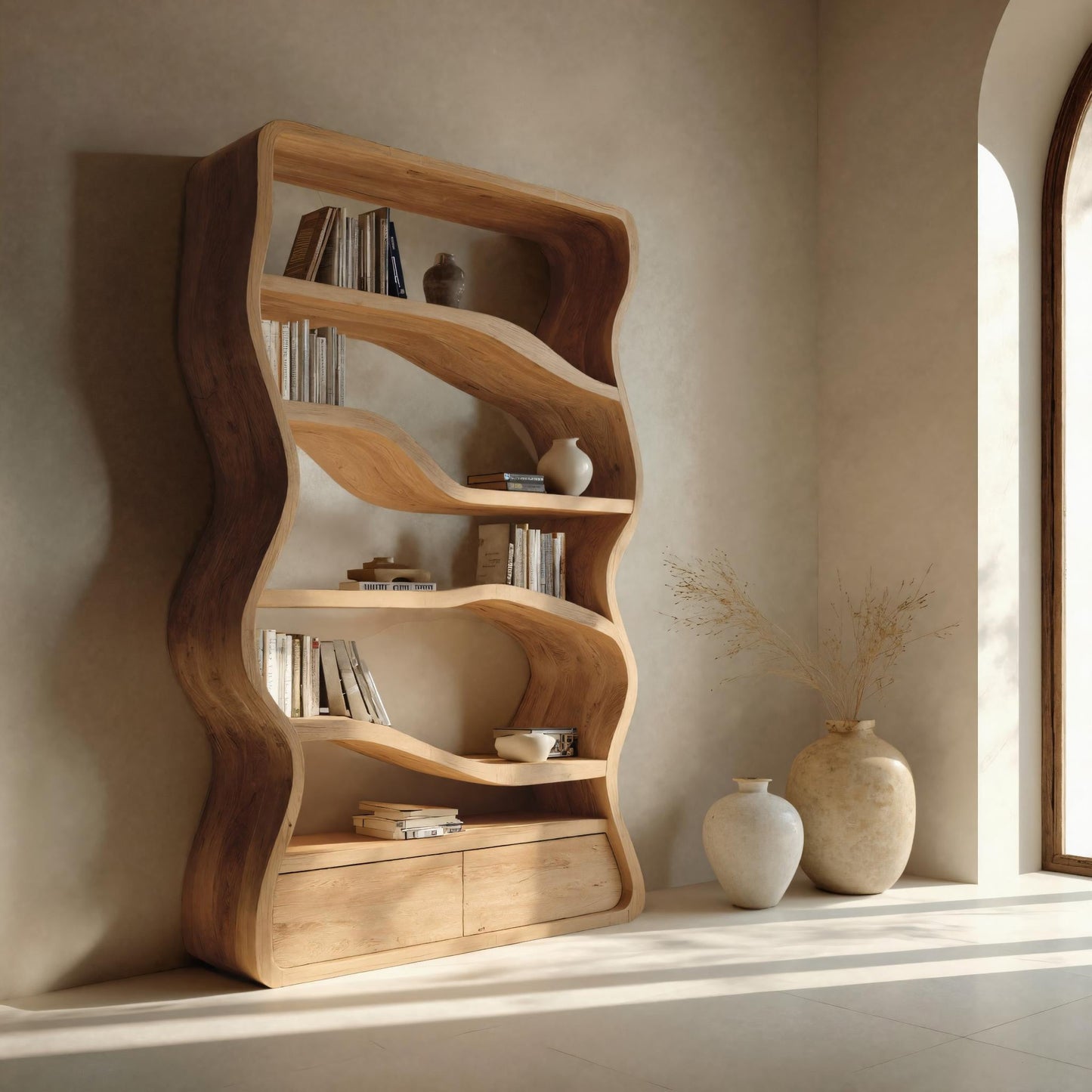 Modern Curved Wooden Bookshelf For Living Room Kitchnce