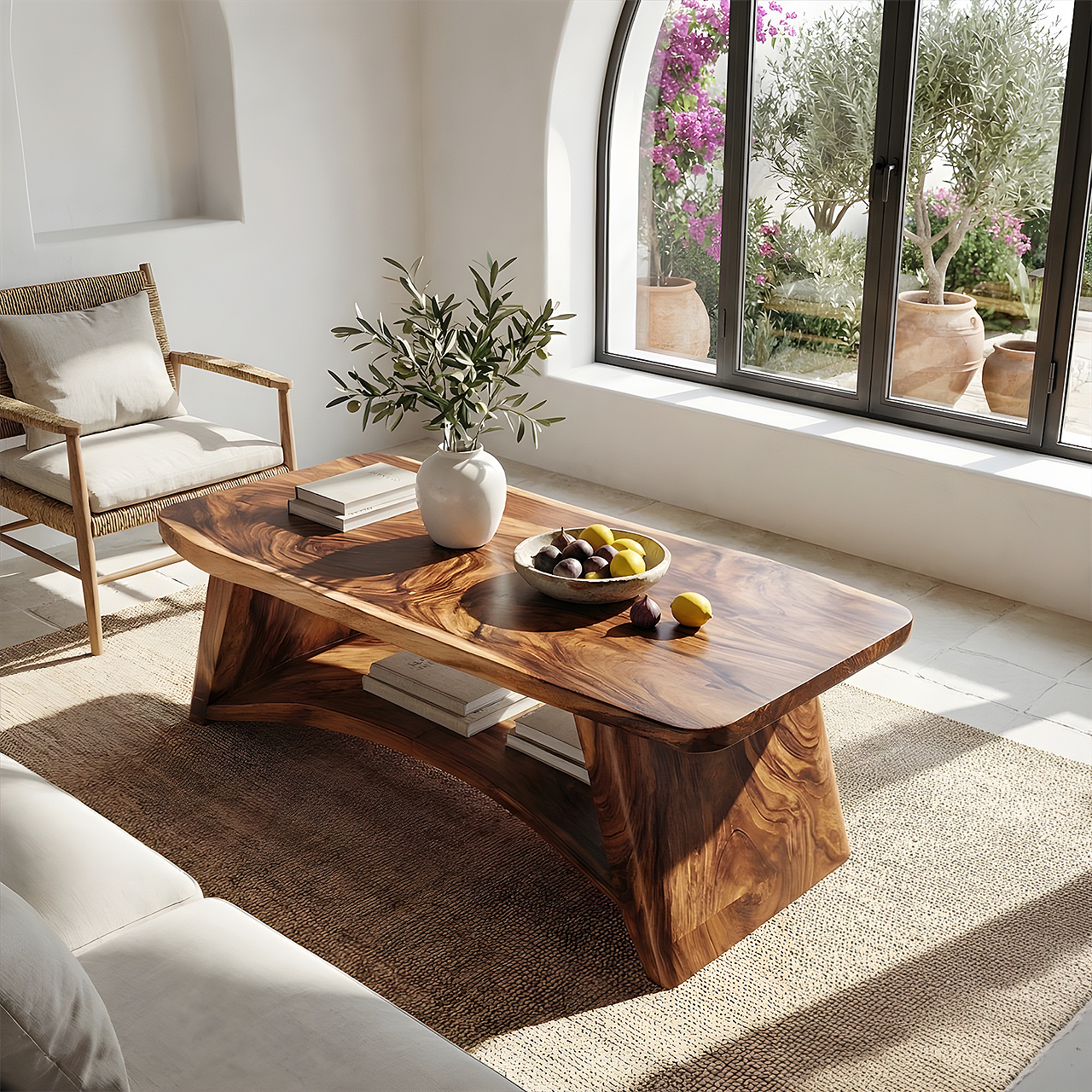 Solid Wood Coffee Table with Arched Base and Organic Edge Top