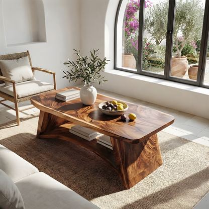 Solid Wood Coffee Table with Arched Base and Organic Edge Top