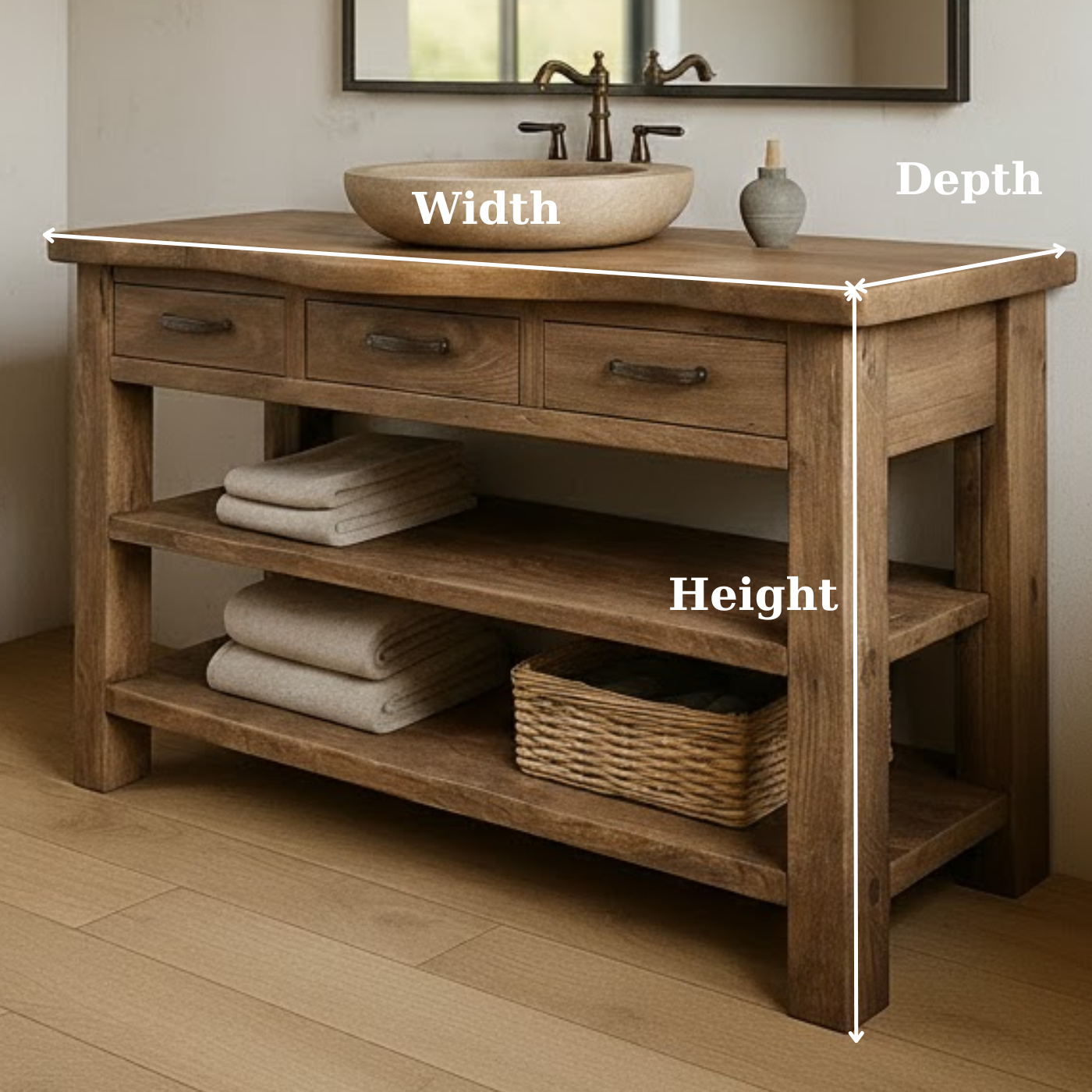 Handcrafted Solid Wood Bathroom Vanity with Curved Live-Edge Top and Triple Storage Drawers Kitchnce