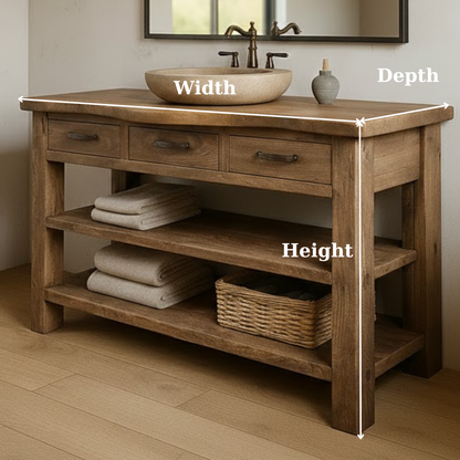 Handcrafted Solid Wood Bathroom Vanity with Curved Live-Edge Top and Triple Storage Drawers Kitchnce