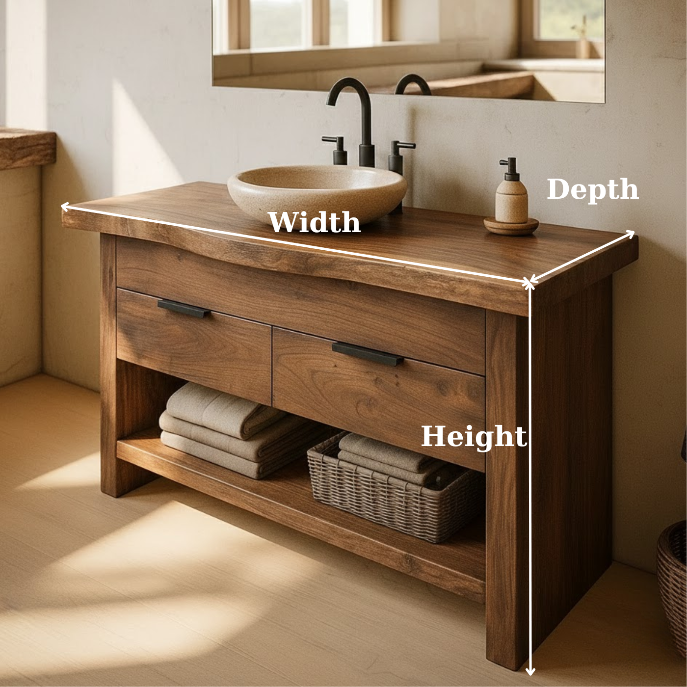 Handcrafted Solid Wood Bathroom Vanity with Live Edge Top and Open Storage Shelf Kitchnce