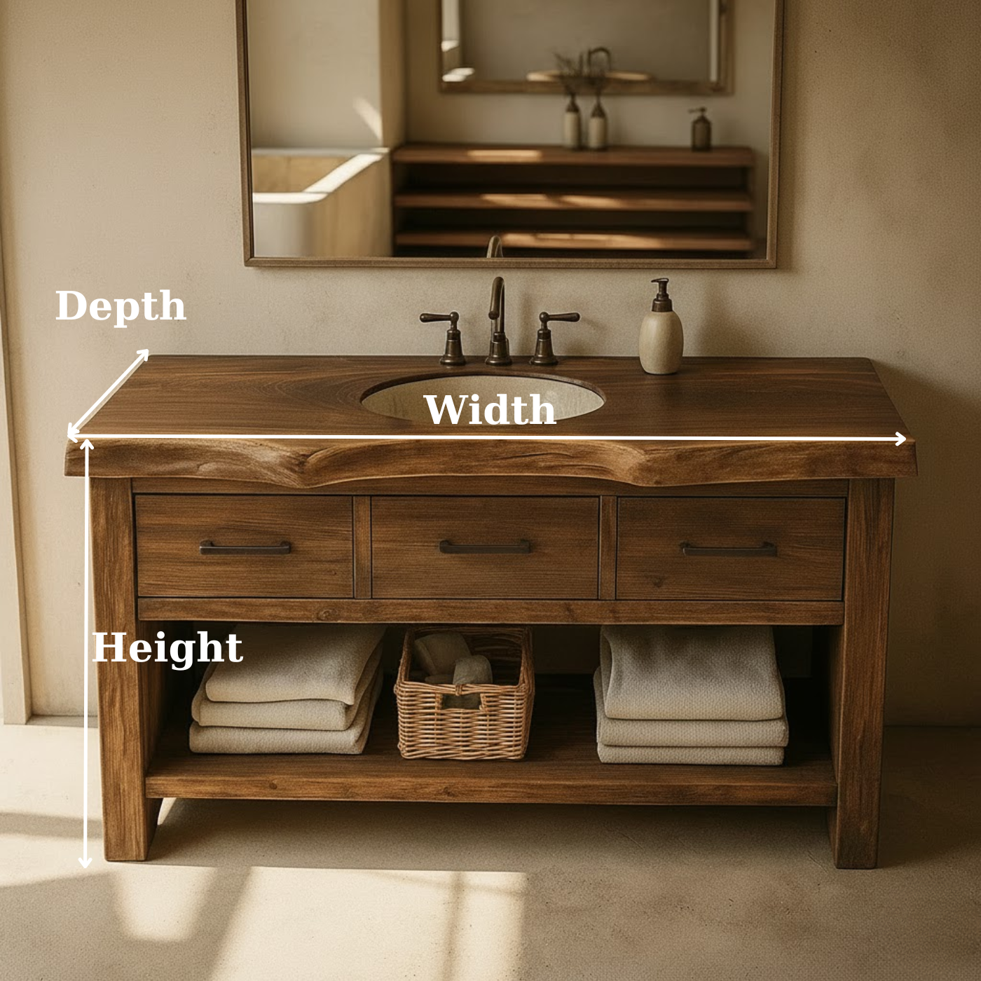Handcrafted Solid Wood Bathroom Vanity with Live Edge Top, Triple Drawers & Open Storage Shelf Kitchnce