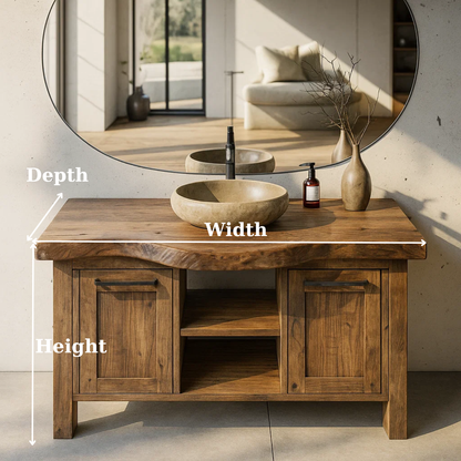 Handcrafted Solid Wood Bathroom Vanity with Live-Edge Top and Dual Side Cabinets Kitchnce