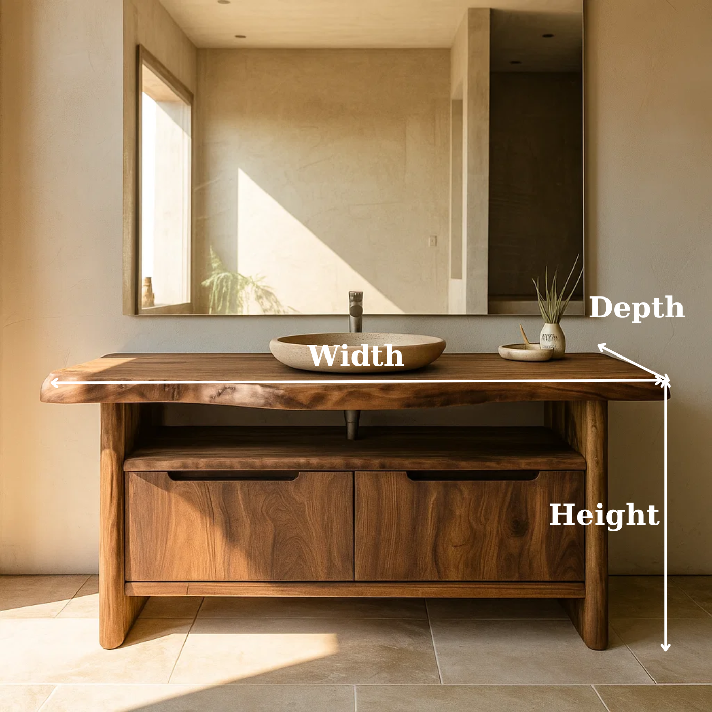 Handcrafted Solid Wood Bathroom Vanity with Live-Edge Walnut Top & Soft-Close Doors Kitchnce