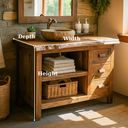 Handcrafted Solid Wood Bathroom Vanity with Live-Edge Top and Spacious Open Storage Kitchnce