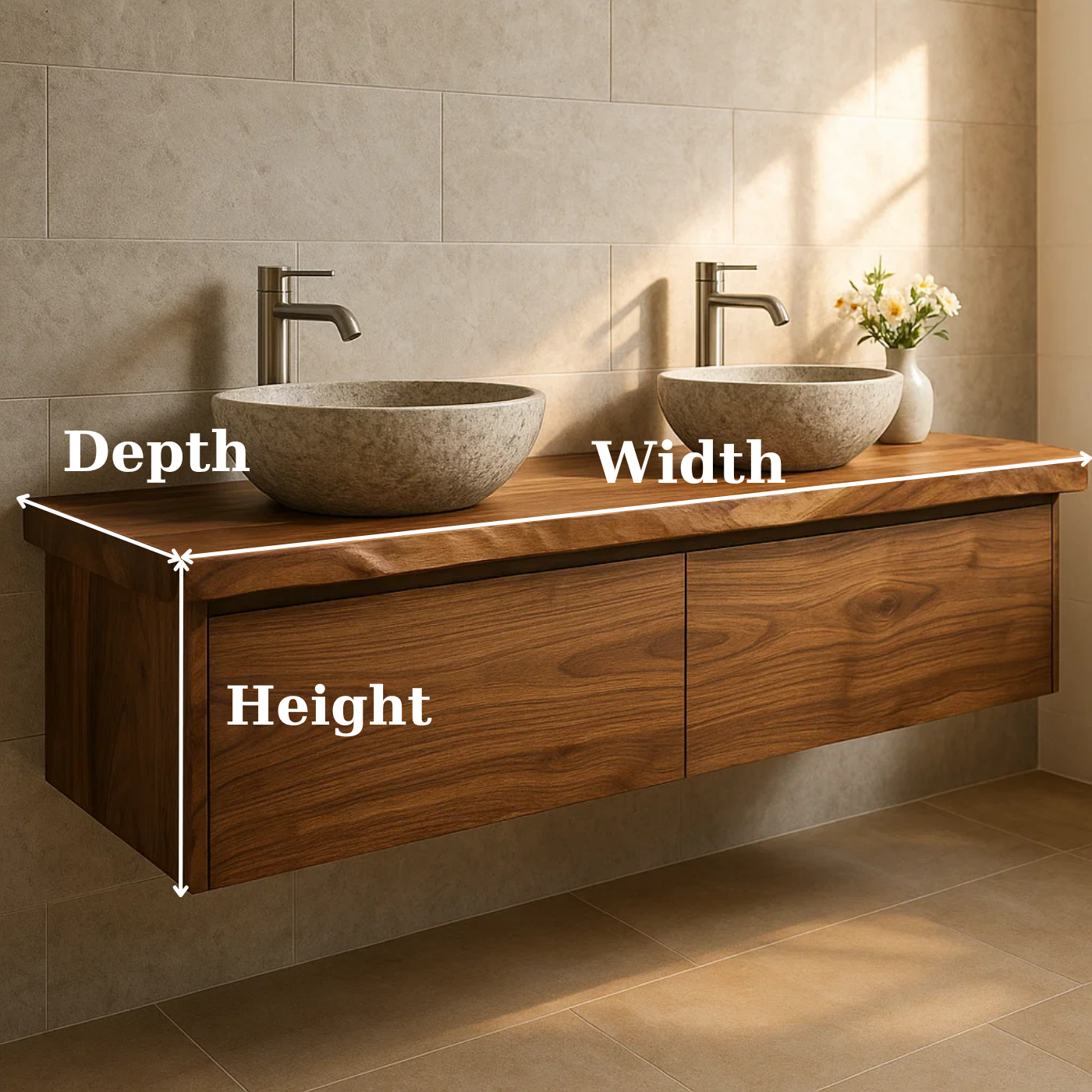 Handcrafted Solid Wood Floating Vanity - Double Sink Live Edge Walnut Console 2-Drawer Kitchnce