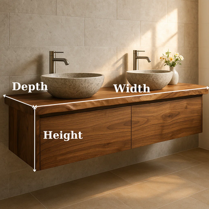 Handcrafted Solid Wood Floating Vanity - Double Sink Live Edge Walnut Console 2-Drawer Kitchnce