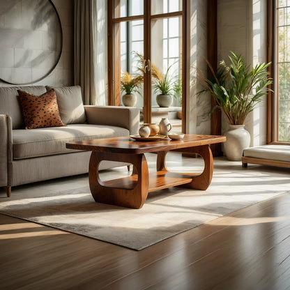 Natural Wood Coffee Table with Sculpted Open Frame Base and Shelf