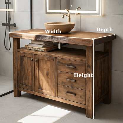 Rustic Solid Wood Bathroom Vanity with Double Door Cabinet and Three Drawers