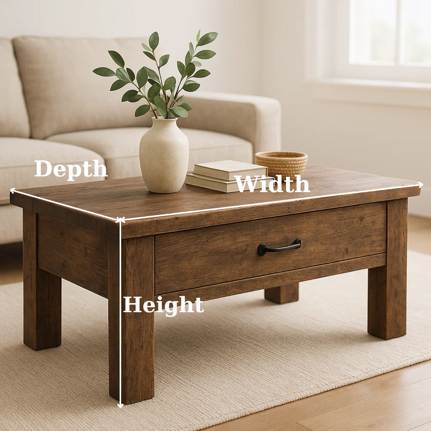 Handcrafted Solid Wood Coffee Table – Rustic Modern Storage with Single Drawer Kitchnce