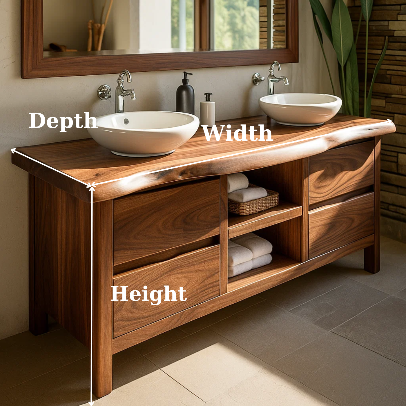 Handcrafted Solid Wood Bathroom Vanity - Live Edge Walnut, Drawers & Open Shelving Kitchnce