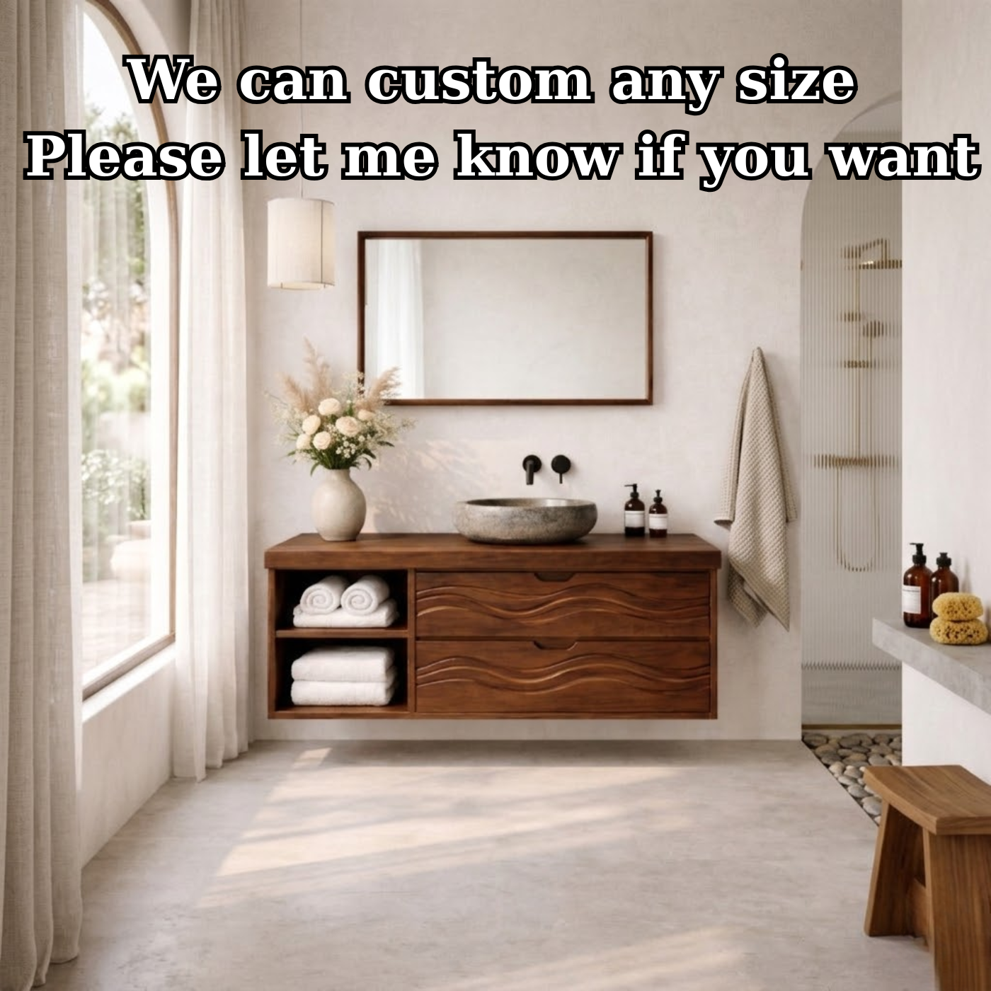 Floating Solid Wood Bathroom Vanity with Wave Drawer Front, Wall Mounted Wood Vanity with Open Shelf