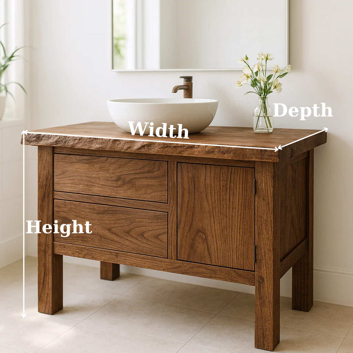 Handcrafted Solid Wood Bathroom Vanity - Live Edge Top, 2 Drawers & Single Door Cabinet Kitchnce