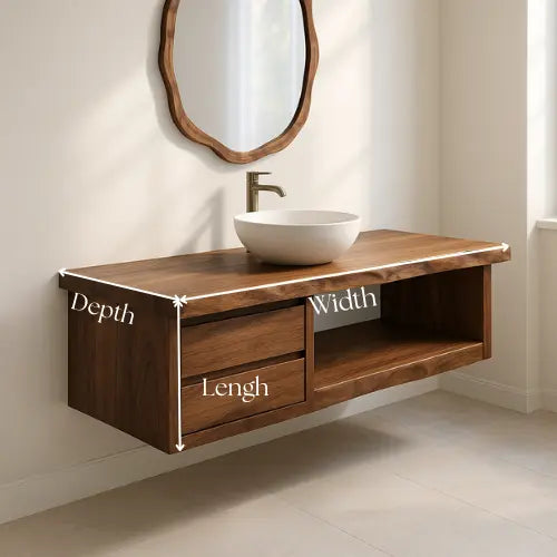 Handcrafted Floating Solid Walnut Bathroom Vanity – Live Edge Countertop with Dual Drawers and Open Shelf – Modern Rustic Design Kitchnce