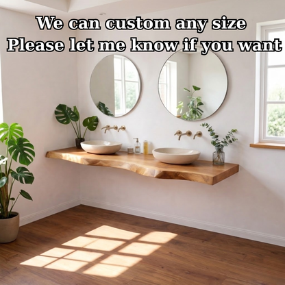 Floating Live Edge Solid Wood Double Sink Bathroom Vanity Top – Rustic Wall Mounted Wood Countertop Kitchnce