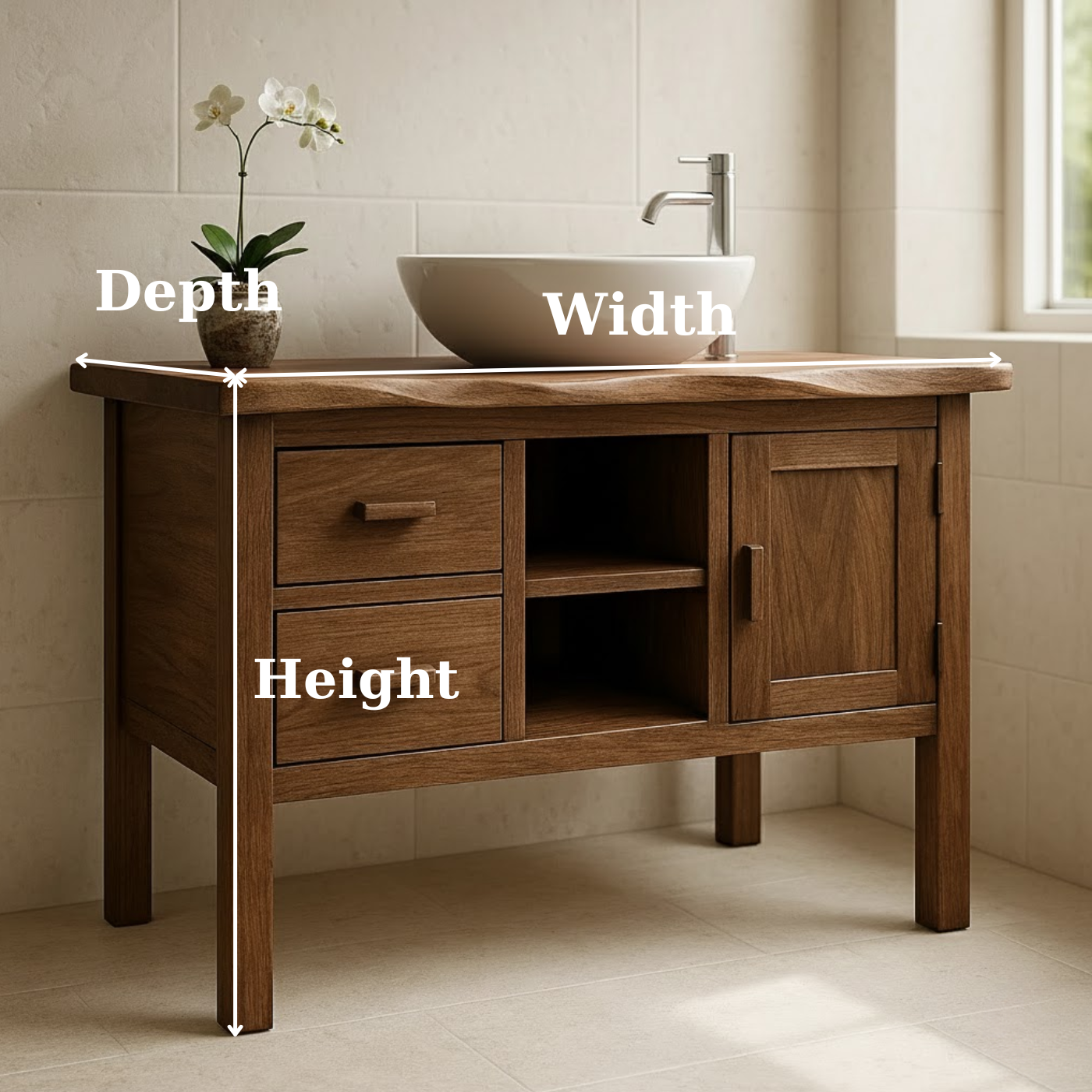 Handcrafted Solid Wood Bathroom Vanity - Live Edge Top, 2 Drawers & Open Frame Shelving (Copy) Kitchnce