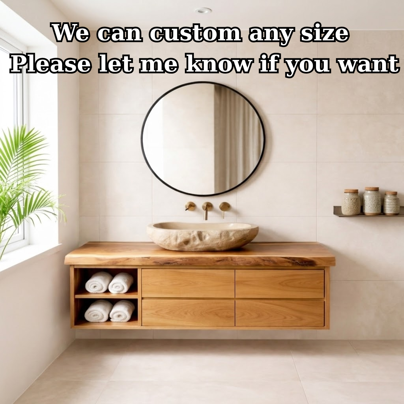 Floating Solid Wood Bathroom Vanity with Live Edge Countertop, Drawers and Open Storage Kitchnce