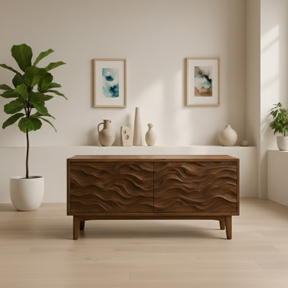 Handcrafted Solid Wood TV Stand – Sculptural Wave Front Credenza for Modern Organic Interiors Kitchnce