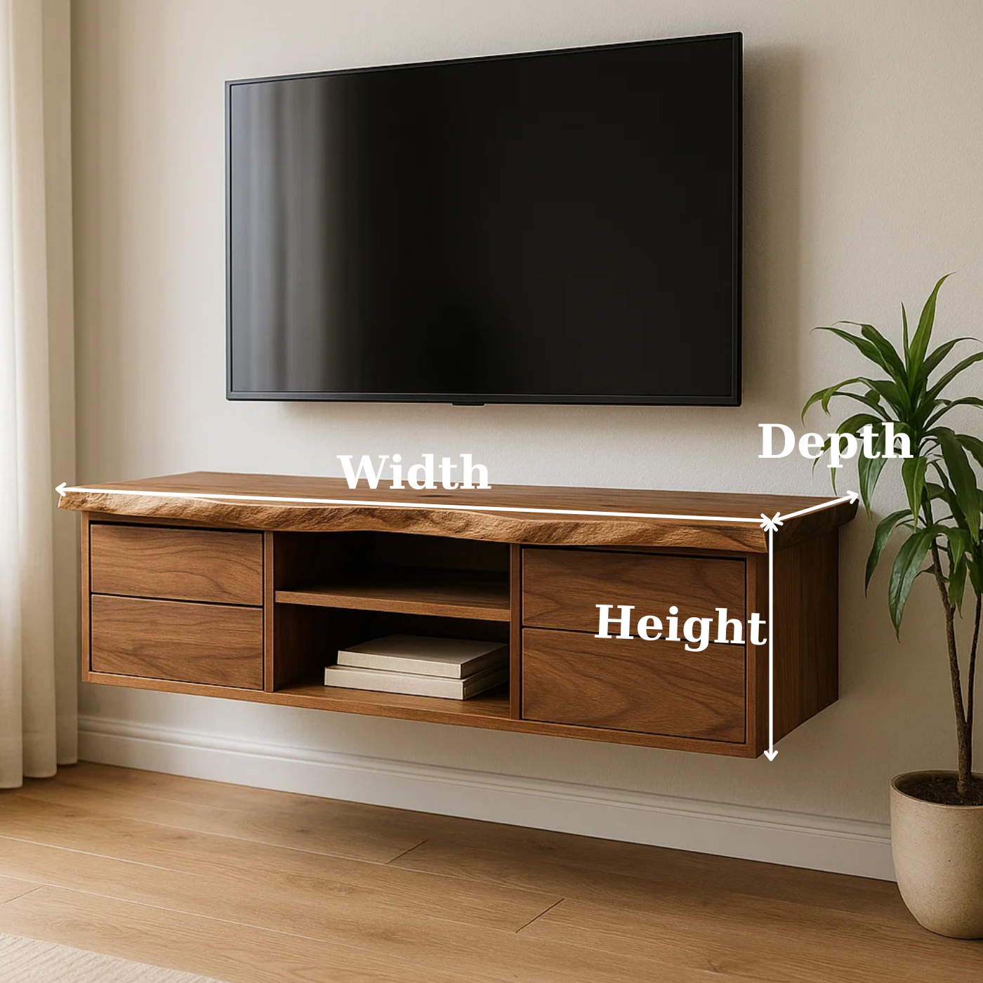 Handcrafted Solid Wood Floating TV - Live Edge Walnut, 4 Drawers & Open Shelf Kitchnce