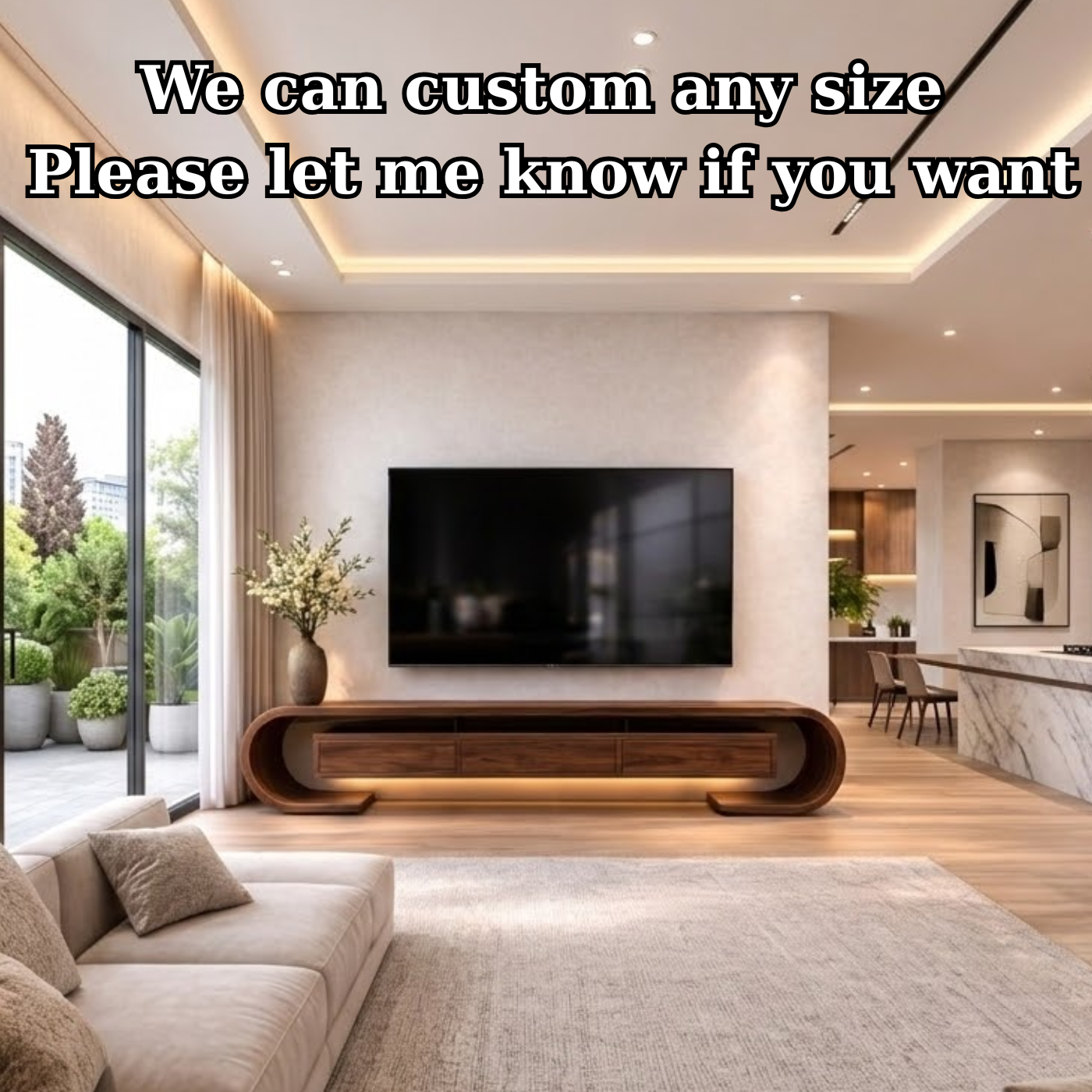 Modern Curved Solid Wood TV Stand – Walnut Floating Media Console with Drawers Kitchnce