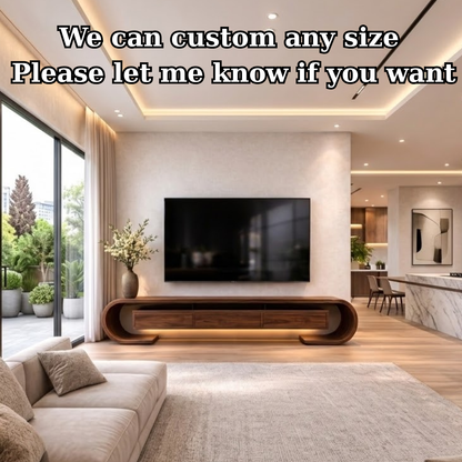 Modern Curved Solid Wood TV Stand – Walnut Floating Media Console with Drawers Kitchnce