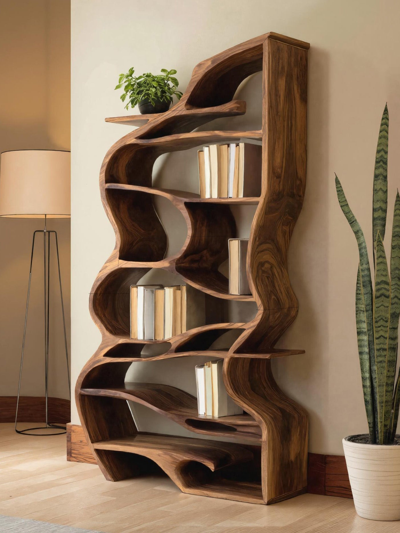 Handcrafted Sculpted Bookshelf With Organic Design For Living Room Or Office Kitchnce