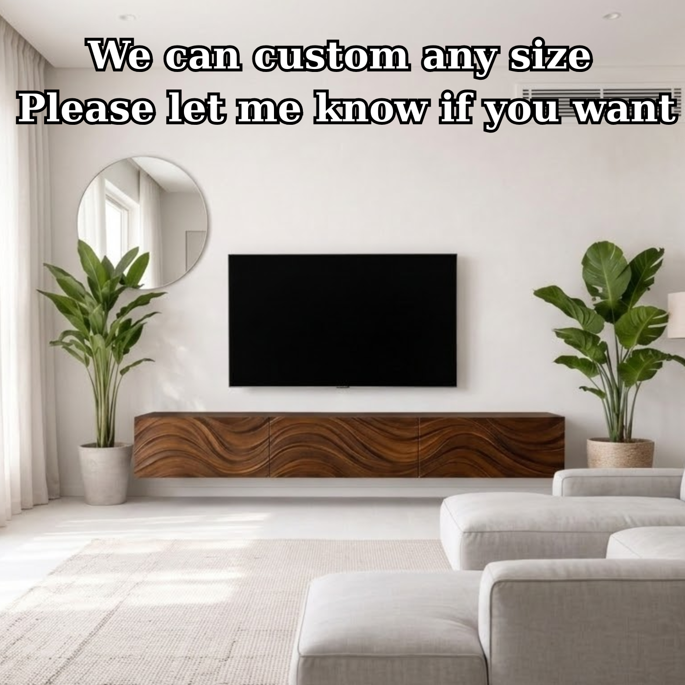 Floating Solid Wood TV Stand with Carved Wave Front – Modern Walnut Media Console Kitchnce
