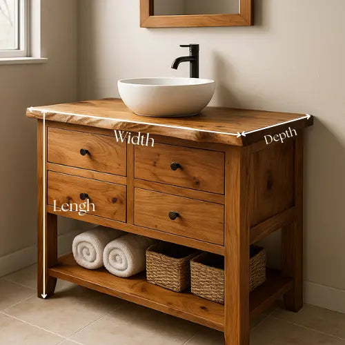 Rustic Handcrafted Solid Wood Bathroom Vanity – Live Edge with Four Drawers & Open Shelf Kitchnce
