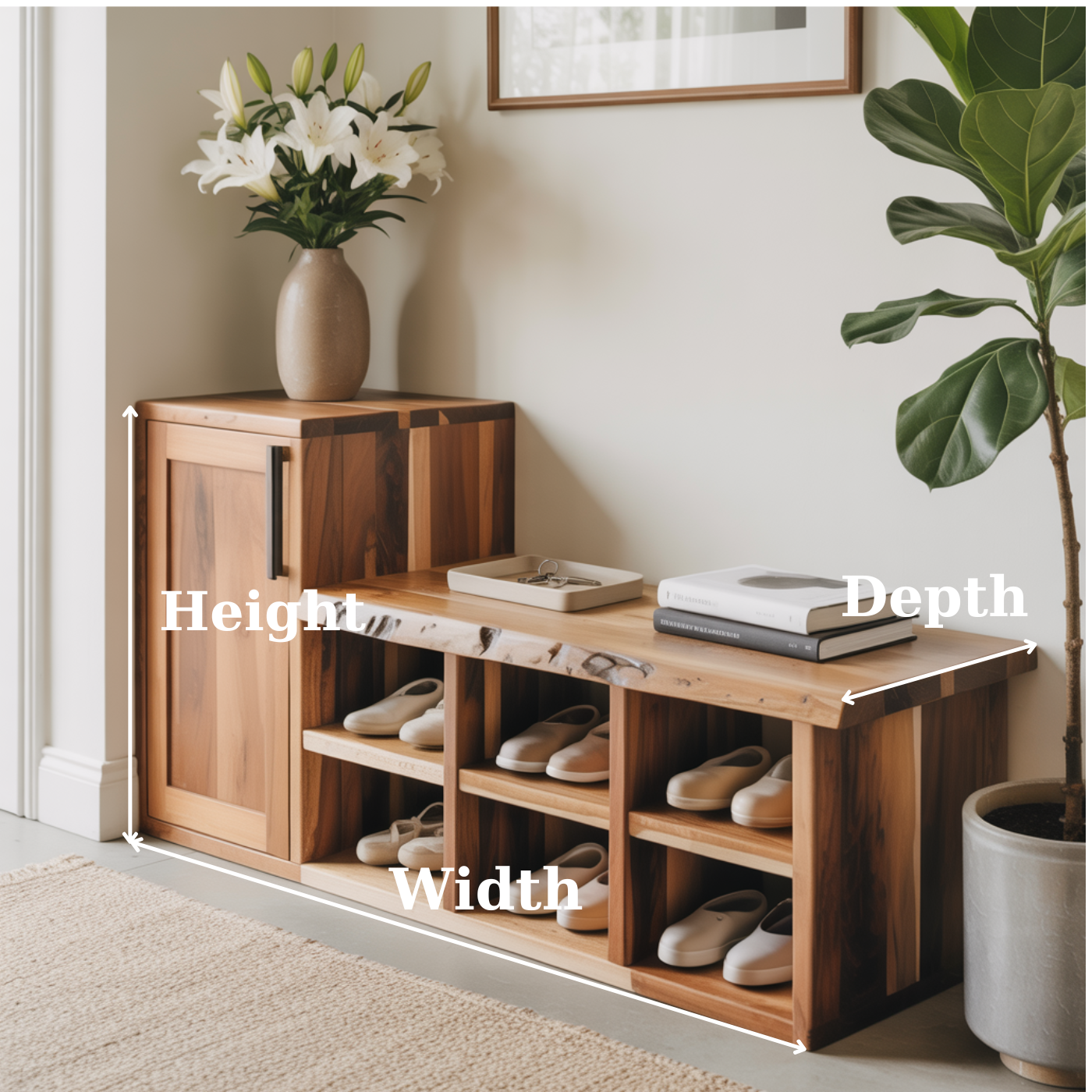 Handcrafted Solid Wood Bench - Live-Edge Entryway Shoe Storage Cabinet Kitchnce