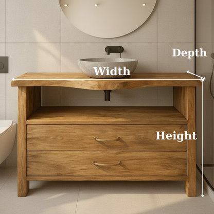 Live Edge Solid Wood Bathroom Vanity with 2 Drawers and Open Shelf for Contemporary Farmhouse Bathrooms